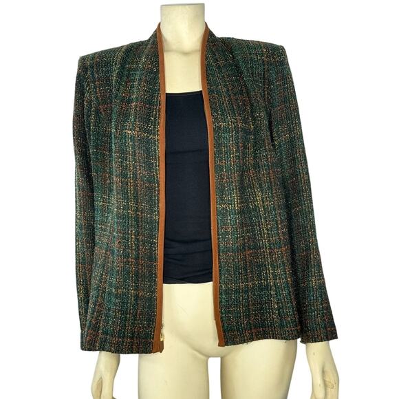 Vintage M.H.M. Melissa Harper collarless brown plaid woven blazer size 14 - Picture 1 of 11